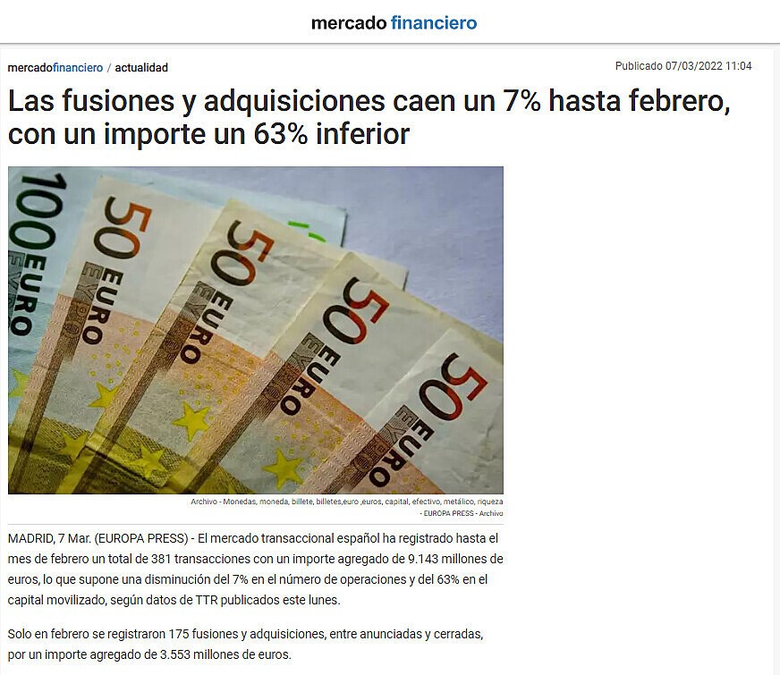 Las fusiones y adquisiciones caen un 7% hasta febrero, con un importe un 63% inferior